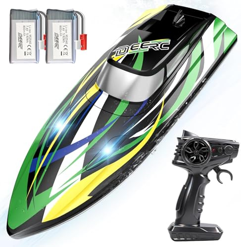 DEERC - Barco teledirigido de alta velocidad con luces LED, barco de carreras RC rápido autorectificador, 2 baterías para más de 24 minutos de autonomía, mando a distancia de 2,4 GHz, juguete para