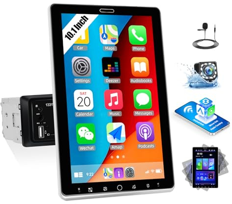 SIXTOP 1 Din Autoradio mit Wireless Carplay Android Auto Autoradio mit Drehung 10,1 Zoll Touchscreme Bluetooth FM/AM/RDS Radio USB/TF -Karte/Aux -Eingabe SWC EQ Unterstützt DVR Backup Kamera