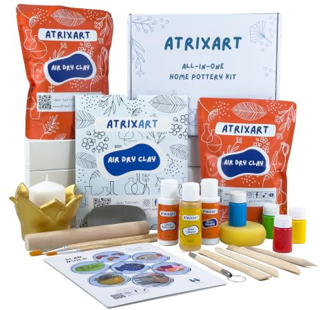 Atrixart All in One Pottery Kit for Beginners. The Craft Kit has 2kg Air Dry Clay for Adults, How to Guides & Templates, Paints and Modelling Clay Sculpting Tools Gold Edition