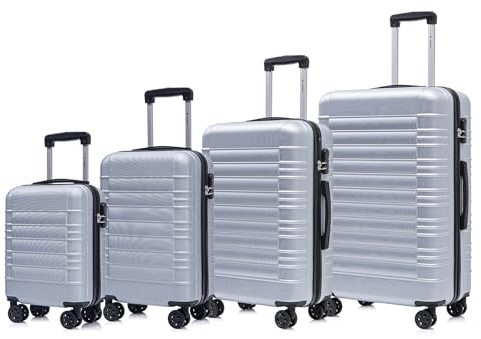 YONSLY Koffer Suitcase Set, Trolley Reisekoffer, Rollkoffer Handgepäck, Kofferset, Gepäckset mit 360° Rollen, Hartschalenreisekoffer, Zahlenschloss, Weicher Gummigriff (4er Set, S,M,L&XL, Silber)