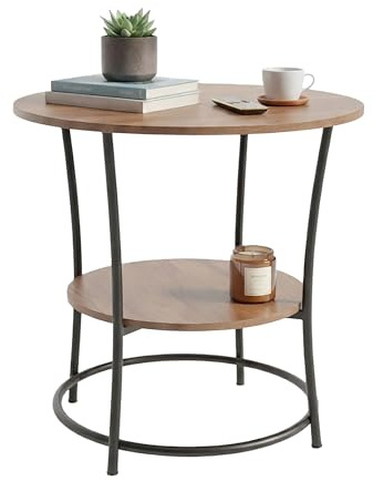 Relaxdays Beistelltisch, 2 Ablagen, HxD: 55 x 55 cm, Holzoptik & Metall, Sofatisch, runder Couchtisch, braun/schwarz