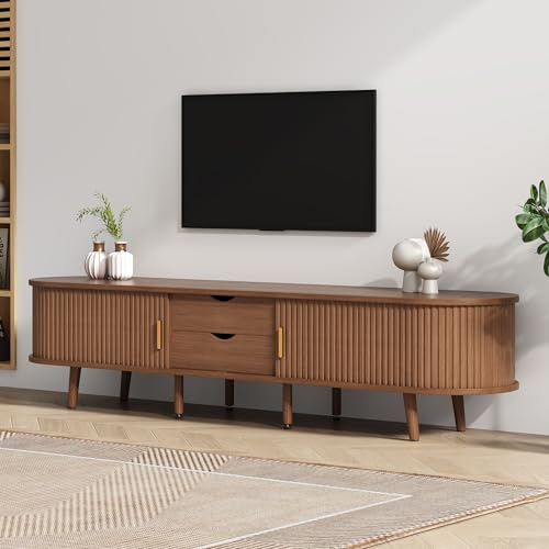 NuvlaGu TV Lowboard 175 cm Oval, Fernsehtisch in Heller Walnussoptik, MDF TV-Schrank mit 2 Schubladen & Schiebetüren, für 60–69 Zoll, verstellbare Füße, modern & minimalistisch