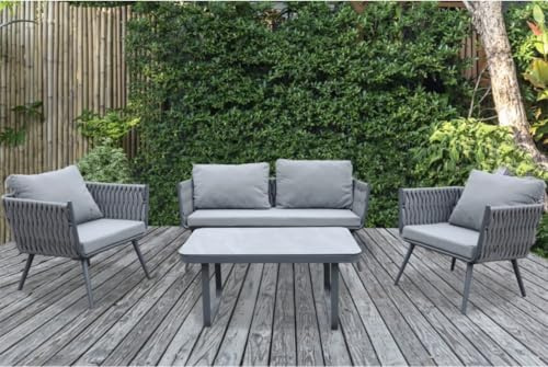 4 Piece Woven Grey Outdoor Patio Furniture Set with Rope Design, Grey Cushions, Coffee Table, Loveseat and 2 Chairs