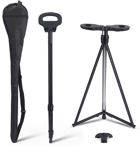 GJCrafts Tragbarer Gehstock mit Sitz, Verstellbarer Gehstock mit Sitz, Faltbarer, Leichter, Rutschfester Aluminium-Gehstock für Erwachsene, 330 lbs, Gehstockstuhl für Wanderungen mit Tragetasche