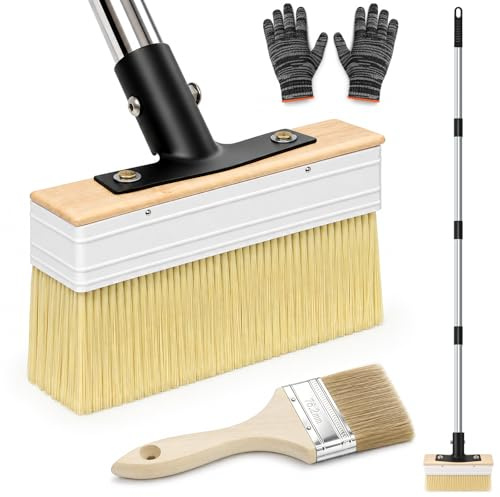 Newthinking Decking Paint Brush, Long Handle Decking Stain Oil Brush | 63inch Stainless Steel Long Handle, 6 Deck Stain Applicator, Including 3 Small Paint Brush and Gloves, Fence, Terrace, Deck