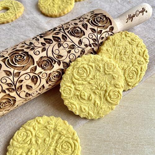 ROSE DAMASCATE Mattarello Legno Goffrato | Mattarello Inciso | Rullo per Biscotti e per Modellare | Mattarello di Fiori | Mattarello Decorativo per Biscotti di Algis Crafts