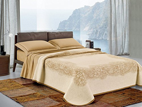 COPERTA IN 100% LANA PRODOTTA IN ITALIA MOTIVO CLASSICO FLOREALE CAMMELLO BEIGE - 270x230 cm Beige