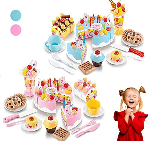 Koolbitz Kids Birthday Cake Toy, 75 PCs DIY Pretend Play Cake Decoration Accessorises with Musical Light Up Candle & Desserts Party Playset, Play Food Cutting Gift for Children 3+ Year - Blue