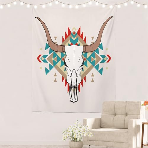 Batmerry Skull Ethnic Tapestry, Tribal Navajo Native American Design Print Hippie Trippy Tapestry Wall Art Meditation Decor for Bedroom Living Room Dorm, 59.1 x 51.2 Inches, Geometric