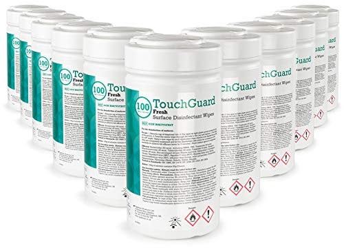 TouchGuard Fresh, Surface Disinfectant Wipes, Tub Dispenser, Multipack of 12 x 100, Total 1200 Wipes - Made in UK