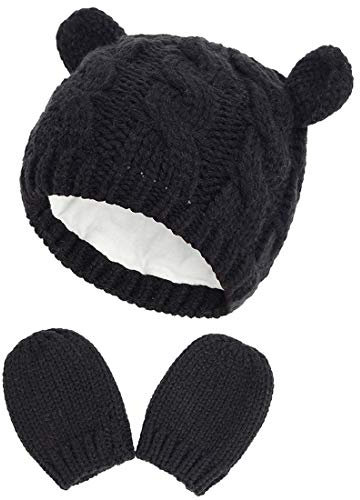 Yixda Neugeborene Baby Mütze und Handschuhe Set Kleinkind Winter Strickmütze Hüte (Schwarz 2, 0-3 Monate)