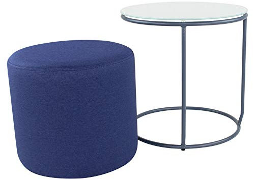 i-flair Nachttisch Beistelltisch mit Hocker Jasper runder Couchtisch und Pouf 40x40 cm N4 Weiß - Grau - Navy