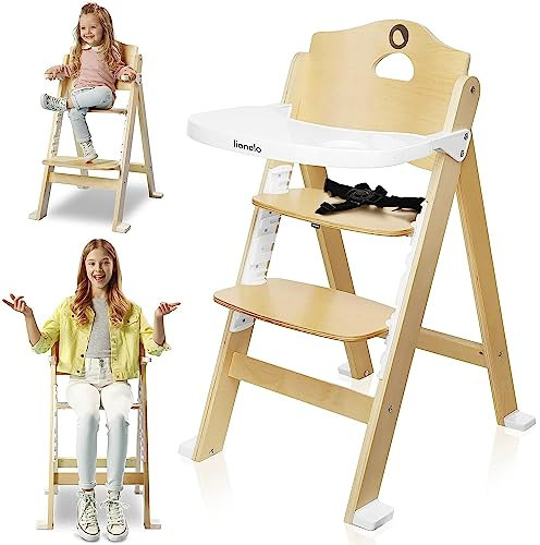 LIONELO Floris 3-in-1 Kinderstuhl aus Holz, hochverstellbarer Stuhl, abnehmbares Tablett, von 6 bis 36 Monate/bis 12 Jahre, 5-Punkt-Sicherheitsgurte, Belastbarkeit bis 15 kg / 40 kg (Natural)