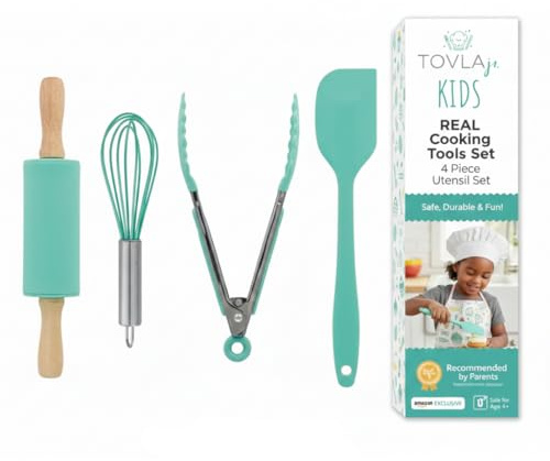 Tovla Jr. Kids Cooking Utensils Set - 4-Piece Kids Kitchen Tools - Safe Baking Set - Food Grade Toddler Chef Supplies - Gender Neutral Silicone Cookware Kit with Spatula Whisk Tongs Rolling Pin