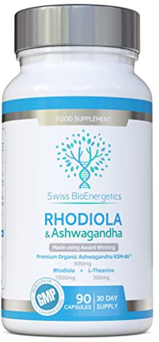 Swiss BioEnergetics Rhodiola & Ashwagandha avec L-théanine - Ashwagandha primé KSM-66- Combo adaptogène - Fabriqué au Royaume-Uni - 600 mg et 1500 mg Rhodiola 3% Rosavins - 1% Salidrosides