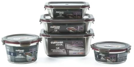 Cuitisan – Pack de 5 boites alimentaires en inox compatible au micro-ondes – 580, 640, 920, 1100 et 1800ml