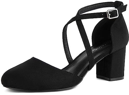 Greatonu Womens Court Shoes Mid Heel Chunky Dress Sandals Ladies Ankle Strap Wedding Party Pumps Black Size 5