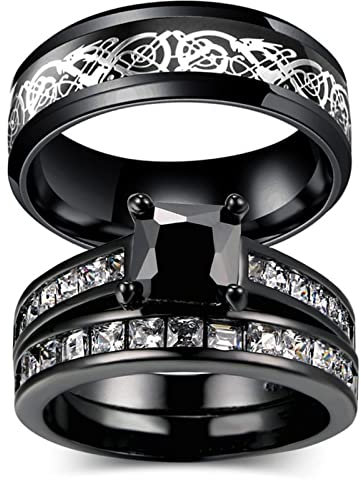 Dsnyu Schwarz Verlobungsring für Paare, Einfach Ringe Punk Gothic, Größe 54 (17.2) Eheringe Edelstahl für Freundin