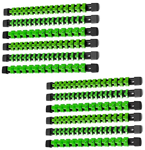 ALOANES 12 PC ABS Socket Organizer,1/2 inch, 3/8 inch, and 1/4 inch Drive Socket Rail Holders, Heavy Duty Socket Racks, Black Rails with Green Clips