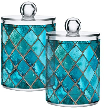 GAIREG Lot de 4 pots d'apothicaire en plastique avec motif mosaïque en verre bleu pour boules de coton, cotons-tiges, pics de fil, pinces à cheveux