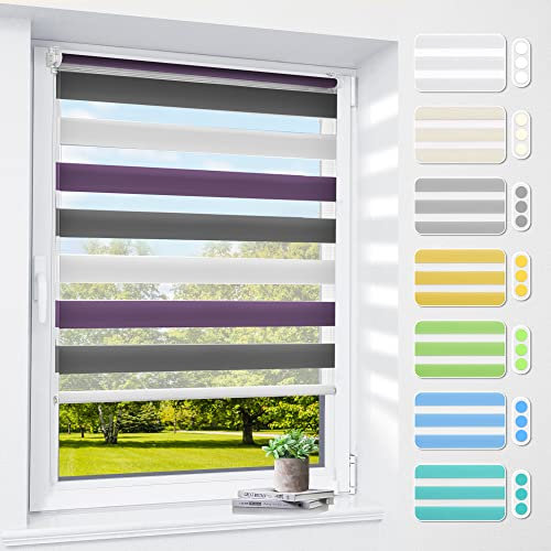 Doppelrollo klemmfix ohne Bohren & mit Bohren, 90x130cm (BxH) Weiß Lila Anthrazit, 3-in-1 Duo Rollo für Fenster & Tür, Fensterrollo innen lichtdurchlässig & verdunkelnd, Klemmrollo Rollos Sonnenschutz