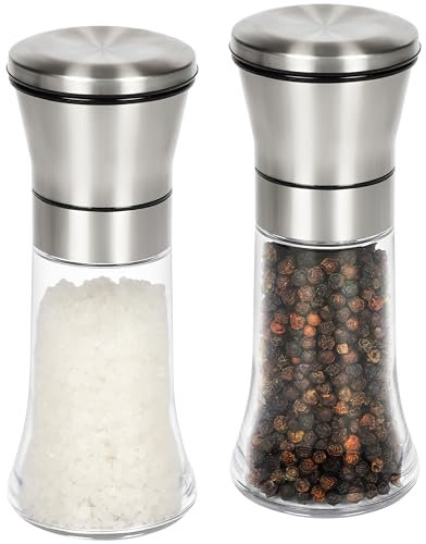 Belle Vous Set de 2 Molinillos Cromados - 1 Molinillo de Pimienta Negra o Blanca y 1 de Sal Marina o Gruesa - Kit de Salero y Pimentero Manual de 85 ml para Cocina Salón o Comedor