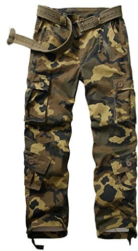 Ycfish Damen Hosen Cargo Hose Multi Taschen Wanderhose Workwear Reißverschluss Armee Militär Outdoorhose Relaxed-Fit Trekkinghose Cargohose Green Camo M 4-Tag 34