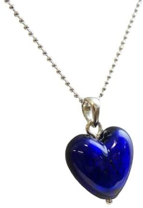 Murano Glas Halskette Damen Kobaltblau mit Herz Anhänger 19mm | Handgefertigt aus 925 Sterling Silber, 45 cm Kette, Geschenk für Frauen Geburtstag Muttertag Valentinstag