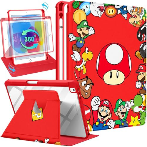 Besoar for iPad 9th/8th/7th Generation 10.2 inch Case Cute Cartoon Kawaii for Girls Kids Boys Girly Women Design Covers,360 Degree Rotating Folio Stand Pencil Holder for Apple i Pad 9/8/7 Gen,Red