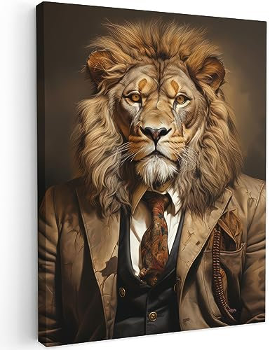 MuchoWow© Impression sur Toile Decoration Murale Peinture 50x70 cm Tableaux Decoratifs Muraux Déco Chambre Tableau Salon Vintage - Lion - Costume - Animaux - Foncé
