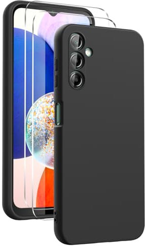 Ikziwreo - Hülle für Samsung Galaxy A14 4G/5G Handyhülle, mit 2 Stück Displayschutzfolien, Reiner Farbe Ultradünne Weich Silikonhülle, Stoßfeste Anti-Scratch Gummi Schutzhülle - Schwarz
