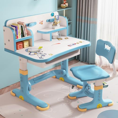 Bodhi2000 Kids Desk and Chair Set, Small Desk, Standing Desk,Height Adjustable with Drawers and Storage,Multi Separation Cartoon Pattern Study Desk Chair Set Learning for Boys Girls Blue