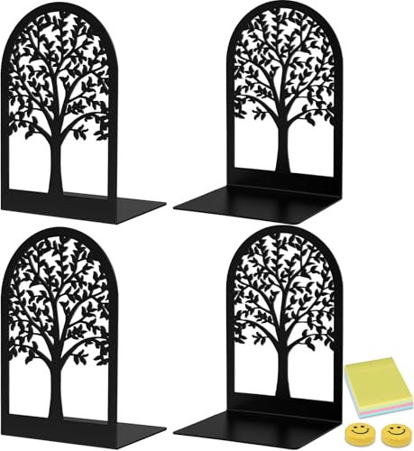 Qualsen 4 Stück Metall-Schwarz Buchstütze, Baumdesign Buchstütze, Buchstützen mit rutschfeste,Dekorative Buchstützen, Bücherstütze für Schule Zuhause Büro, Schulbedarf