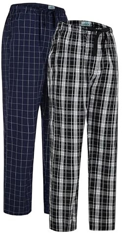 GLOBAL Herren Pyjamahose aus Baumwolle Schlafanzughose 2er-Pack Karierte Hosen Gewebte Elastische Schlafhose mit Kordelzug,Blau,Kariert&Schwarz,Kariert 2,L
