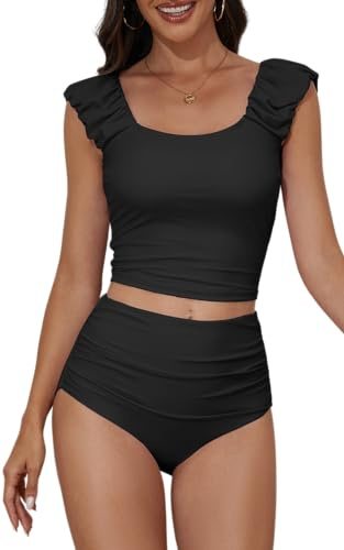 Eomenie Tankini-Badeanzüge für Damen, gerüscht, Bauch-weg-Effekt, zweiteiliges Schwimm-Top mit hoher Taille, Schwarz, Medium