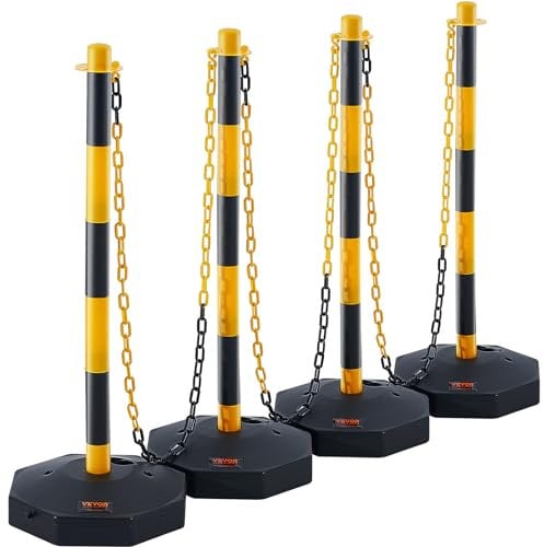 VEVOR Poteau de Signalisation 4PCs Poteau de Délimitation sur Socle Remplissable Hauteur Réglable Cône de Signalisation Longue Chaine 2,4 m pour Contrôle de Circulation Chantier Parking Jaune et Noir