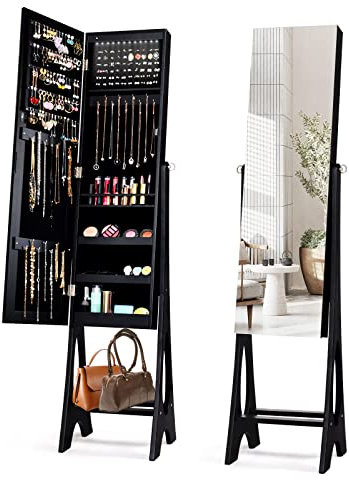 COSTWAY LED Lights Jewellery Cabinet, Freestanding Lockable Jewelry Armoire with Full Length Mirror and Large Storage, Angle-Adjustable Bedroom Makeup Cosmetics Jewellery Organiser Unit Gift (Black)