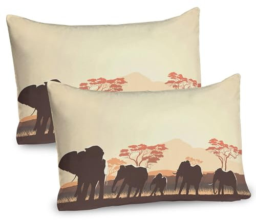 ABAKUHAUS Afrika Kissenbezug Packung mit 2, Motiv Elefanten Familie und Herde bei Sonnenuntergang Afrika Safari Druck, Dekorativer Standard Gedruckter Kissenbezug, 80 x 40 cm, Hellgelb Braun