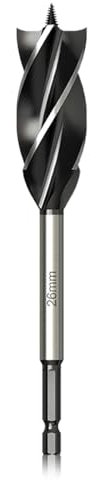 Meccion Professionnel Foret à Bois 26mm x 165mm Mèche à Tarière avce Auto-alimenté Pointe Pilote, 1/4 Pouce Tige Hexagonale Foret pour le Travail du Bois