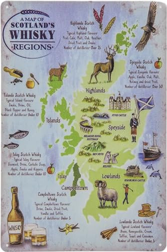 LUCKYLINDE wetterfestes Blechschild – Schottland Whisky Regionen Landkarte – Deko Schild 20 x 30 cm