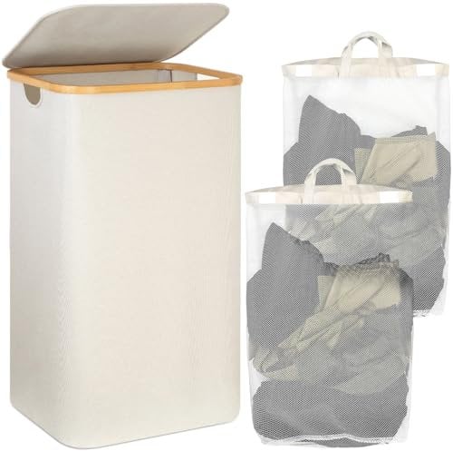 POWZOO 110L Cesto Portabiancheria con Coperchio,2 borsa per la biancheria rimovibile,Cesto per Panni Sporchi,Pieghevole Cesta Panni Sporchi.per Bagno o Lavanderia Vestiti,Giocattoli.Beige