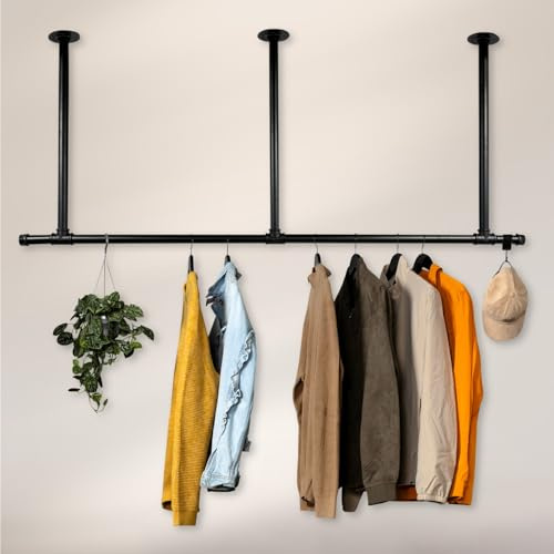 Kleiderstange Garderobe Deckenmontage Industrial Design „Liam“ für Decke Garderobenstange schwarz | Breite 220 cm x Höhe 100 cm schwarz | Ankleidezimmer | Flur | Bad | begehbarer Kleiderschrank