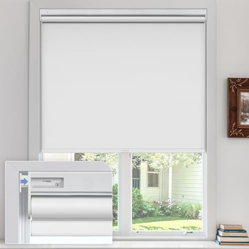 UrMoon Blackout Roller Blinds for Windows, No Drill Cordless Blind Easy Fit Room Darkening Shades Trimmable UV Protection Thermal for Home Office (Blackout - White, Custom Sizes)
