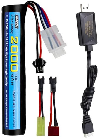AMZZN 11.1V 10C 2000mAh SM-2P Stecker Li-Ionen Batterie mit T-Stecker, Odamiya Stecker Konvertierungskabel und USB Ladekabel für Spielzeugpistole Airsoft Gel Bead Blaster Backup Batterie