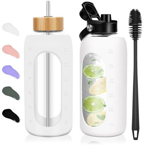 FULBEVY Glass Water Bottles 64 oz - Half Gallon Large Motivational Daily Water Intake Bottle Time Marker - Glass Water Bottle With Straw, Silicone Sleeve 2 Lids, Handle Spout & Bamboo Lid(White)