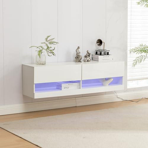Thanaddo TV Schrank mit Beleuchtung (in 7 Farben einstellbar) Lowboard Fernsehschrank TV Schrank Hängend 140x35x40cm, Weiß