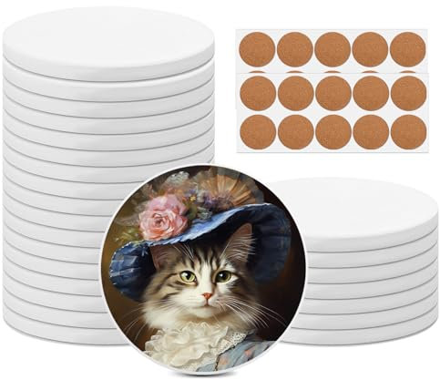 SHUESS Ceramic Coasters - 25 Pack Drink Coasters with 25 Cork Backing Pads - Blank Unglazed White Coasters - Ceramic Tiles for Crafts Coasters for Art Projects, Inks, Art, Painting, DIY, 10 cm/4 inch