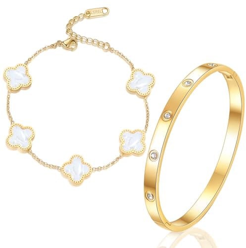 GUBOOM 18K Vergoldet Vierblättriges Kleeblatt Armband, 18K Gold plattiert Armband Cubic Zirkonia Armreif, Goldplattiertes Vierblättriges Kleeblatt Schmuck Set Geburtstags Geschenk für Frauen