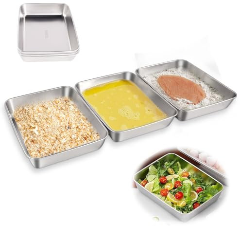 Panierschalen Set 3 Teilig,Lebensmittelqualität Panier-Set aus Edelstahl,Echteckige Behälter aus Edelstahl,Geeignet für die Küche Schale zum Panieren für Fisch, Fleisch und Gemüse(25x19x5cm)