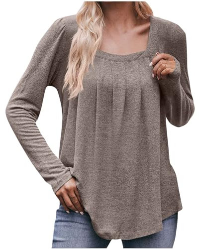 Damen Winter Herbst Langarm Quadratischer Ausschnitt Einfarbig Basic Damen Stretch Shirts Plissee Tunika Tops Casual Loose Fit Bluse Damen Elegant Oversized Tee Shirts, A50_khaki, S